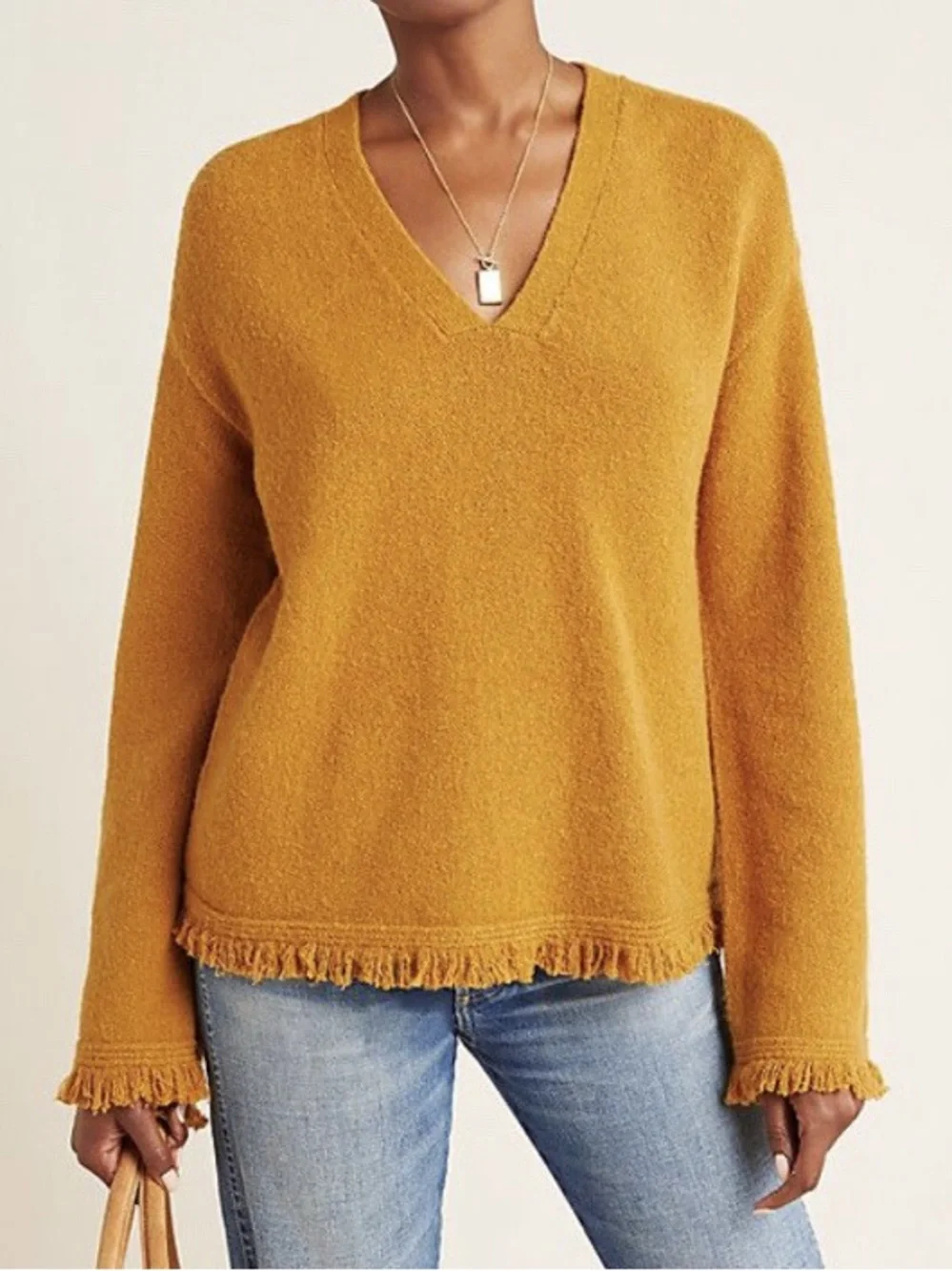 by Anthropologie Mustard V-Neck Fringe Hem Sweater Alpaca Wool Blend - M